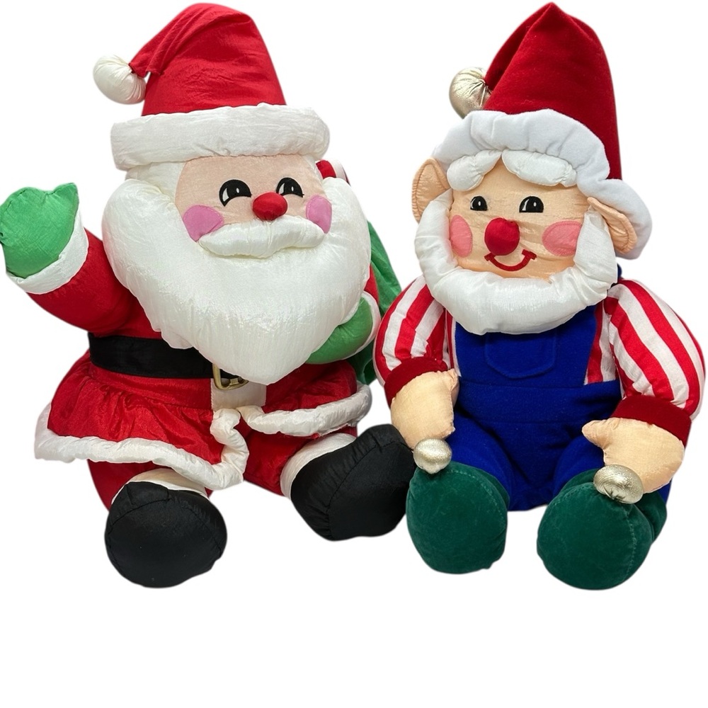 Vintage 1993 International Silver Co. Santa Claus and Elf Nylon Plush Christmas
